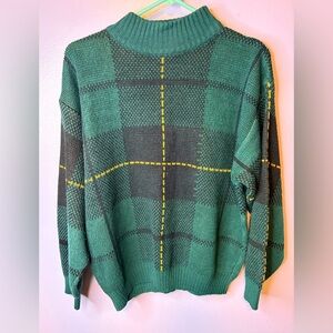 Vintage WillowBay Plaid Knit Sweater Green Mock Neck 90s Grunge Preppy Size M